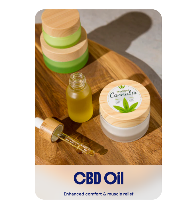 Professional-grade CBD oil products including a dropper and cream used for enhanced comfort and muscle relief at River Oaks Thai Massage in Houston.