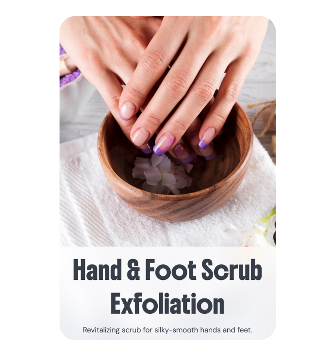 Professional hand and foot scrub exfoliation treatment with hands over a wooden bowl of floral water, designed for revitalizing silky-smooth hands and feet at River Oaks Thai Massage in Houston.