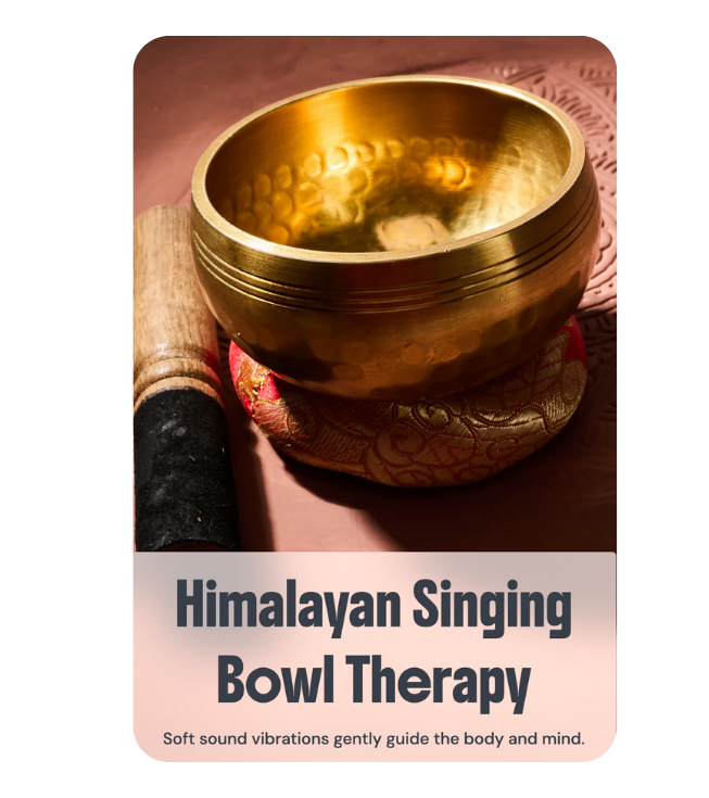 A traditional golden Himalayan singing bowl used to create soft sound vibrations that gently guide the body and mind during a specialized therapy enhancement at River Oaks Thai Massage in Houston.