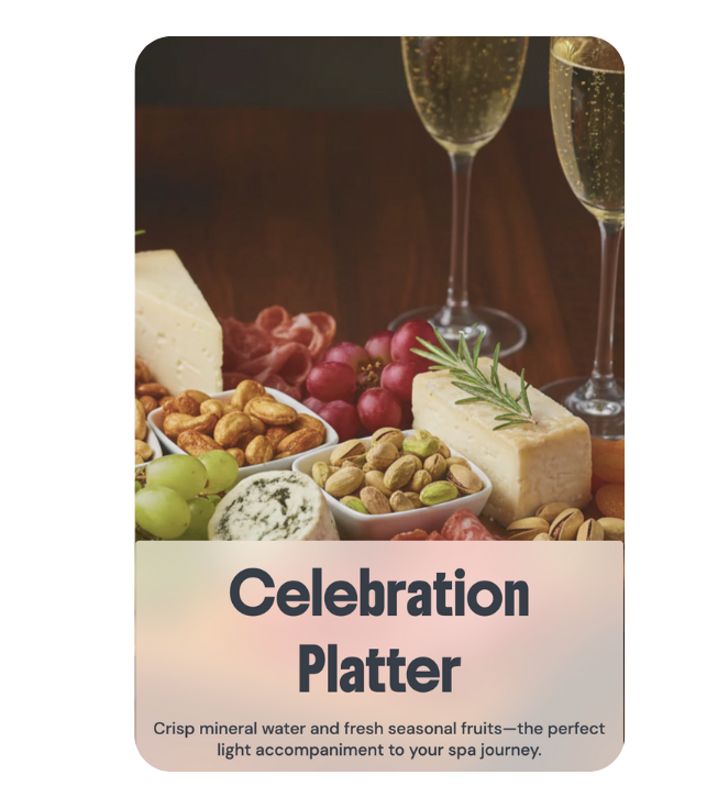 A luxury Celebration Platter featuring artisanal cheeses, fresh seasonal fruits, and nuts served with crisp mineral water as a premium spa accompaniment at River Oaks Thai Massage in Houston.