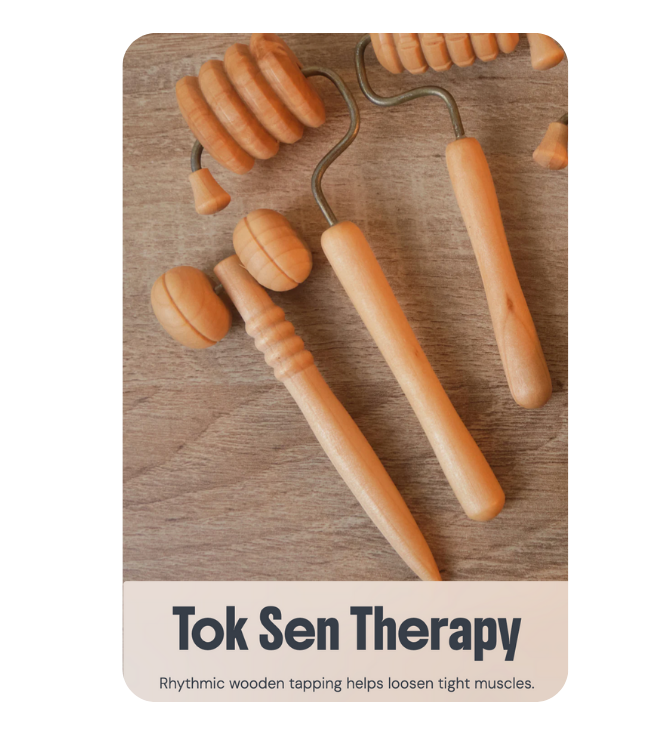 Traditional wooden therapy tools used for Tok Sen Therapy to provide rhythmic wooden tapping that helps loosen tight muscles at River Oaks Thai Massage in Houston.