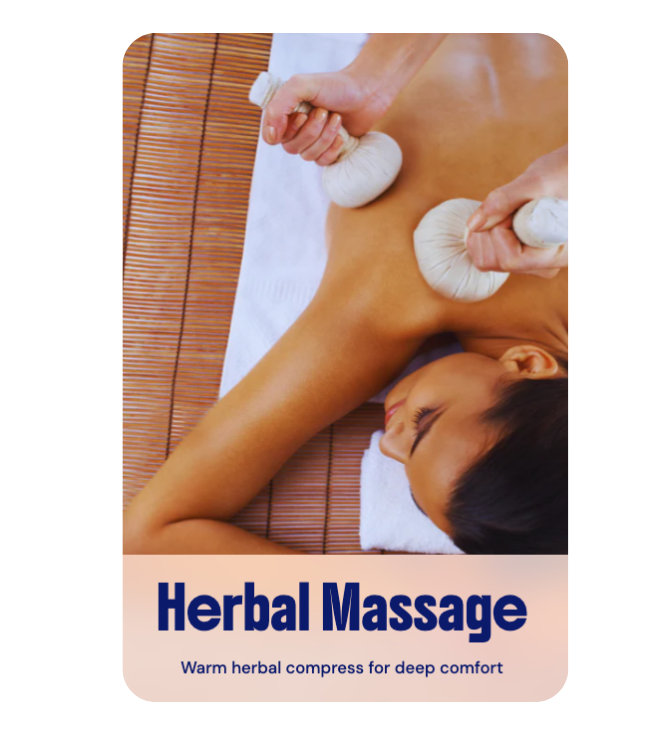 Professional therapist applying warm herbal compresses for deep comfort and relaxation during a Thai Herbal Massage.